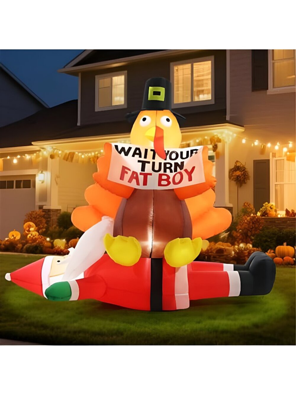 5FT Thanksgiving Turkey Inflatable Outdoor Decorations, Turkey Sitting on Santa